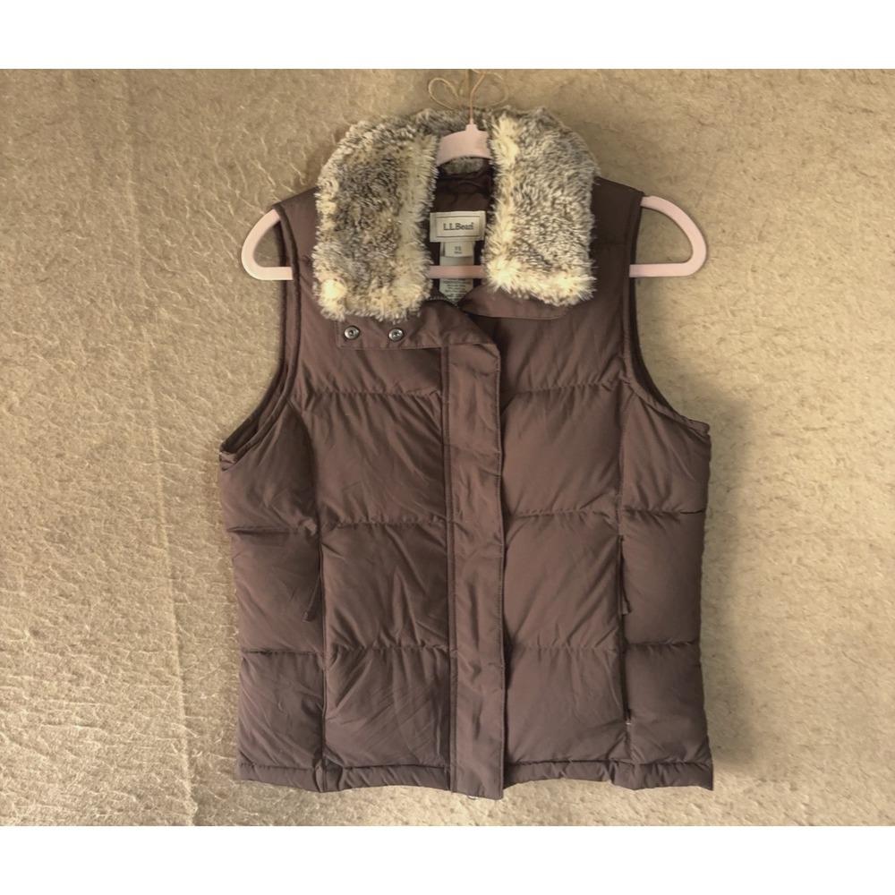 LL Bean Goose Down Puffer Vest Womens Sz XS Brown Faux Fur Removable Collar